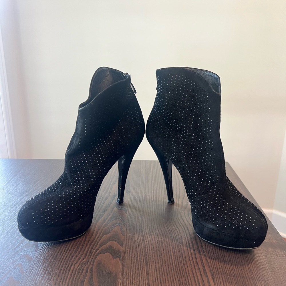 Alba Black Rhinestone Suede High-Heel Ankle Booties